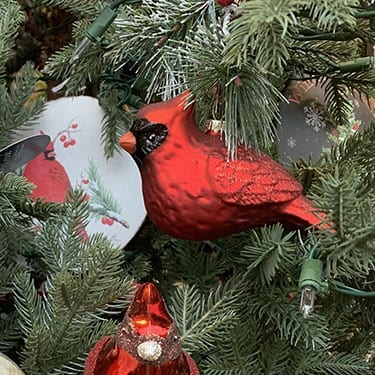 Cardinal ornaments on a tree
