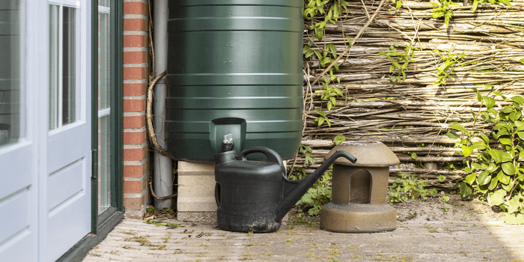 Platt Hill Nursery rain barrel and watering can outdoors